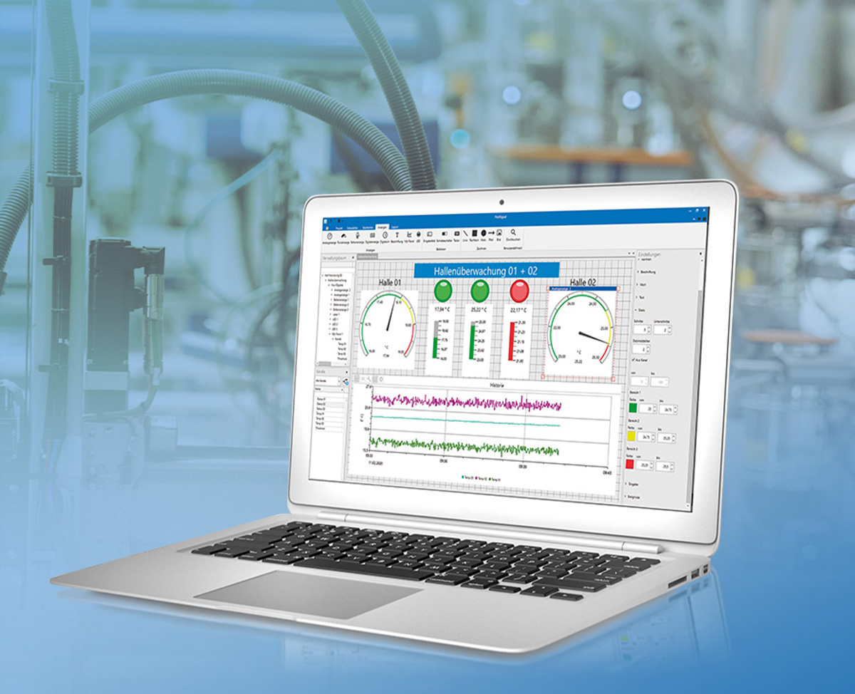 The measurement technology software we have developed enables the visualisation of the measurement data of machines or plants at the control station or at the office workstation. In addition, with our software it is also possible to carry out the visualisation of measurement data and process monitoring directly at the plant on a tablet or smartphone.